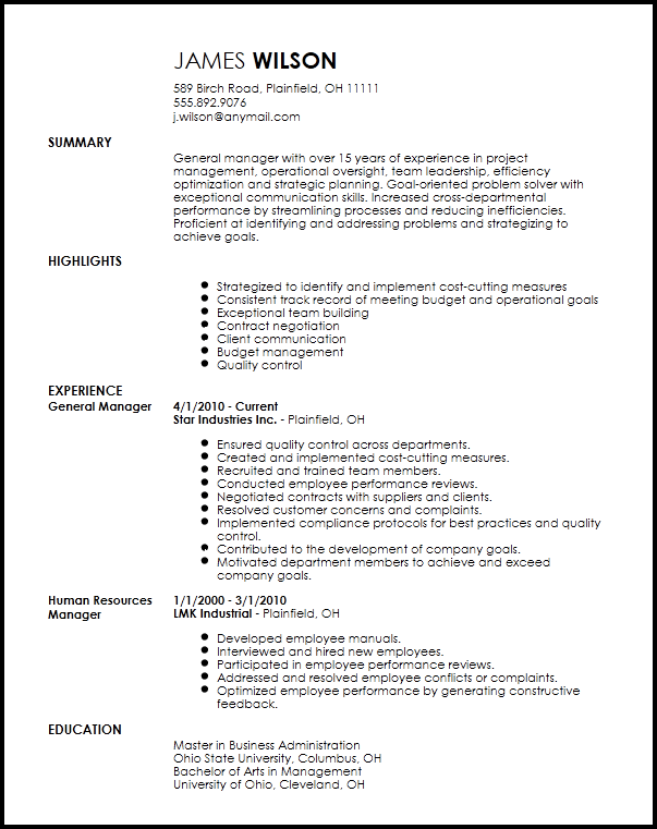 resume examples for general manager