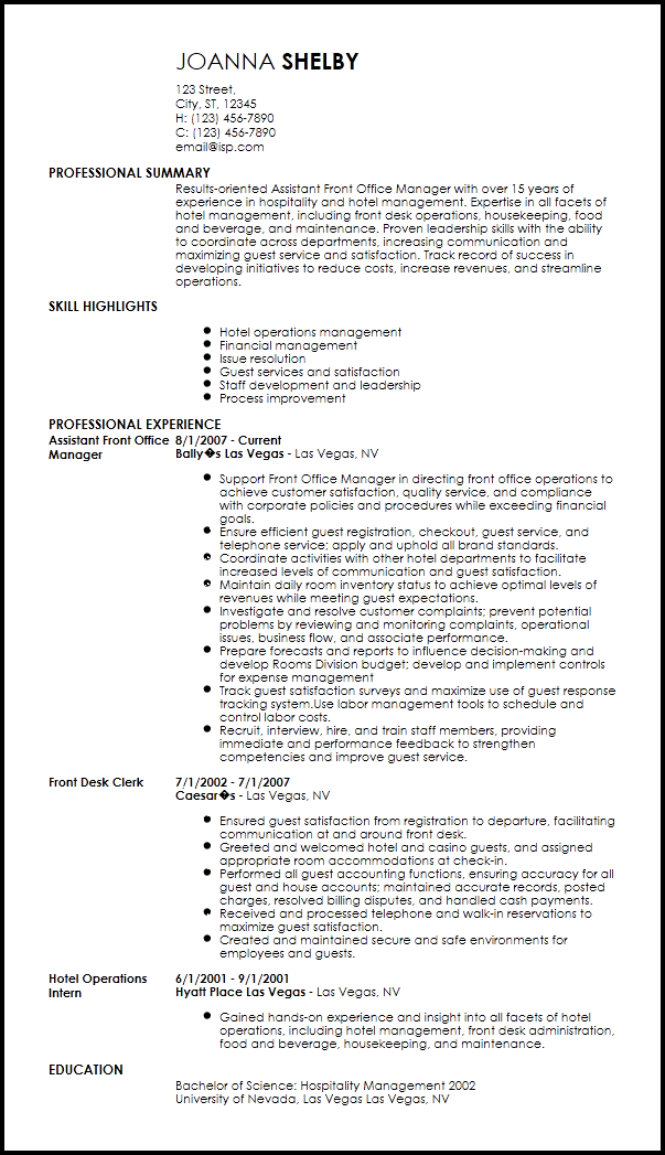 simple resume format for hotel job