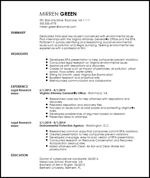 Free Professional Legal Internship Resume Template