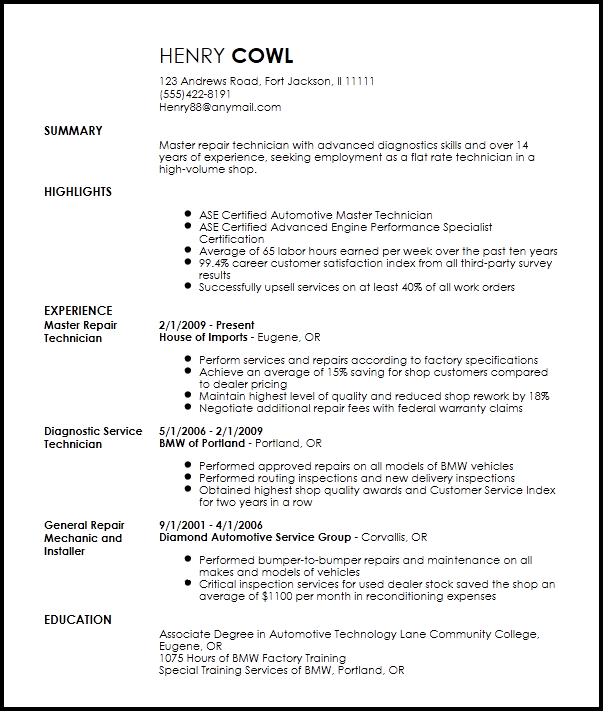 auto mechanic resume skills examples