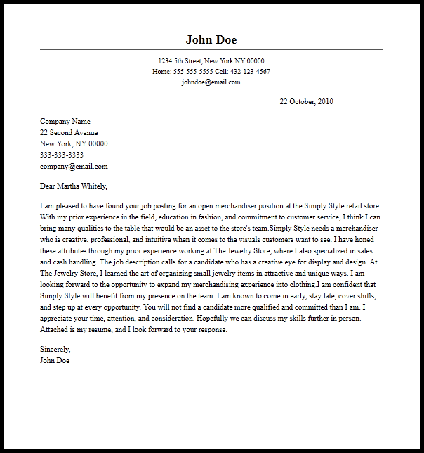 cover letter for visual merchandising