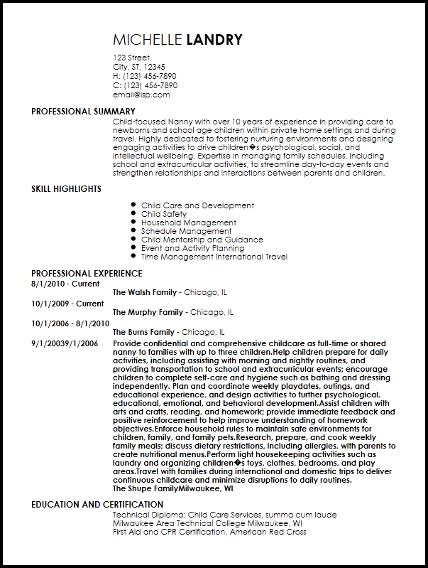 Free Professional Nanny Resume Examples ResumeNow