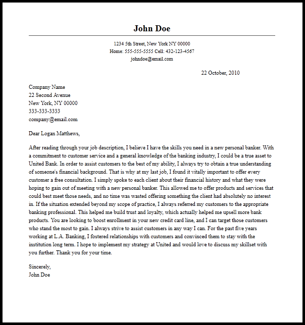 bank cover letter for cv