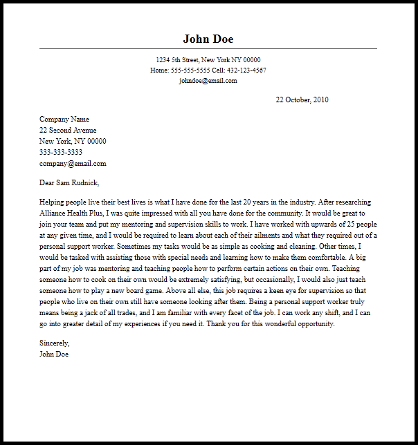 cover letter sample for support worker job