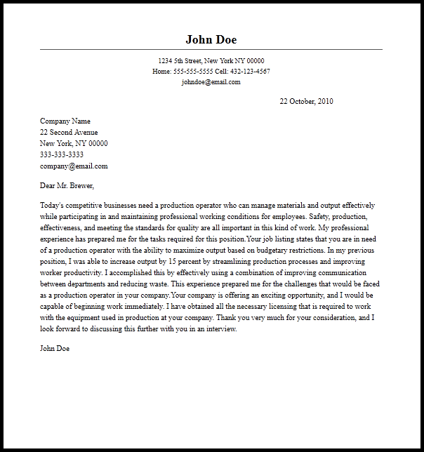 Professional Production Operator Cover Letter Example Resume Now