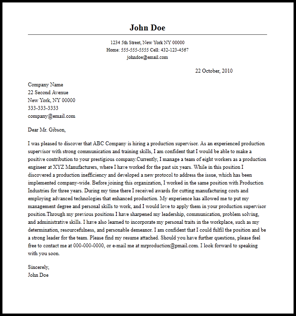 Production Supervisor Cover Letter Example Resume Now
