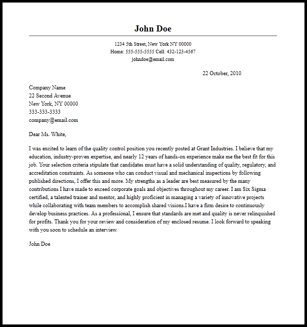 cover letter for quality manager