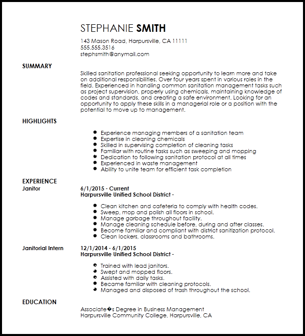 A resume example for Sanitation Worker