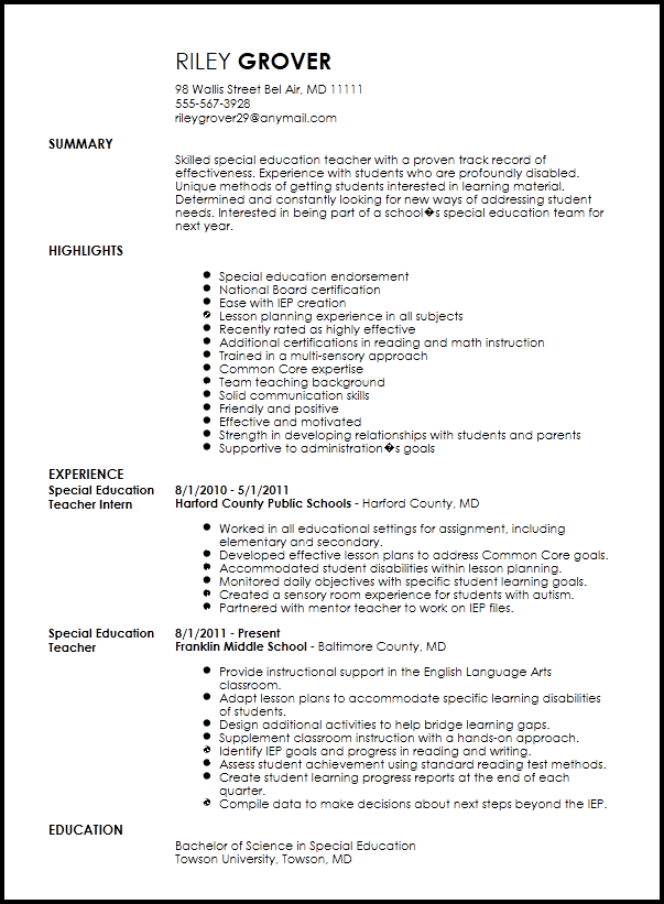 resume sample for special education teacher