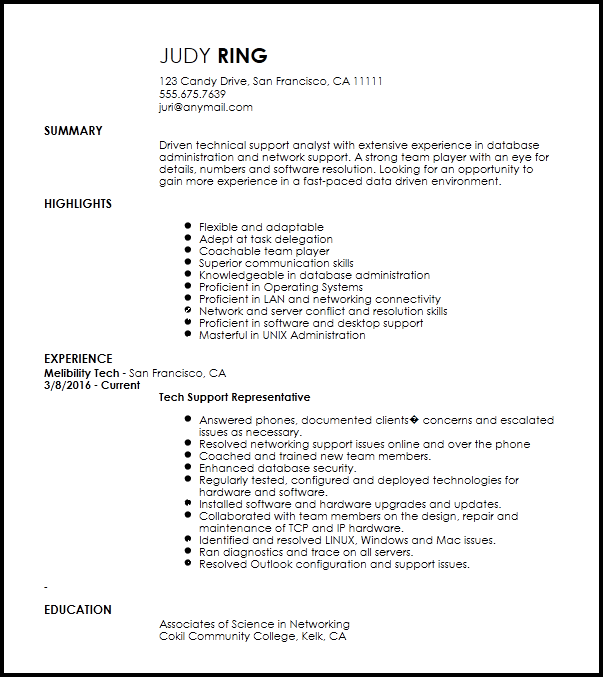 technical support executive job description for resume