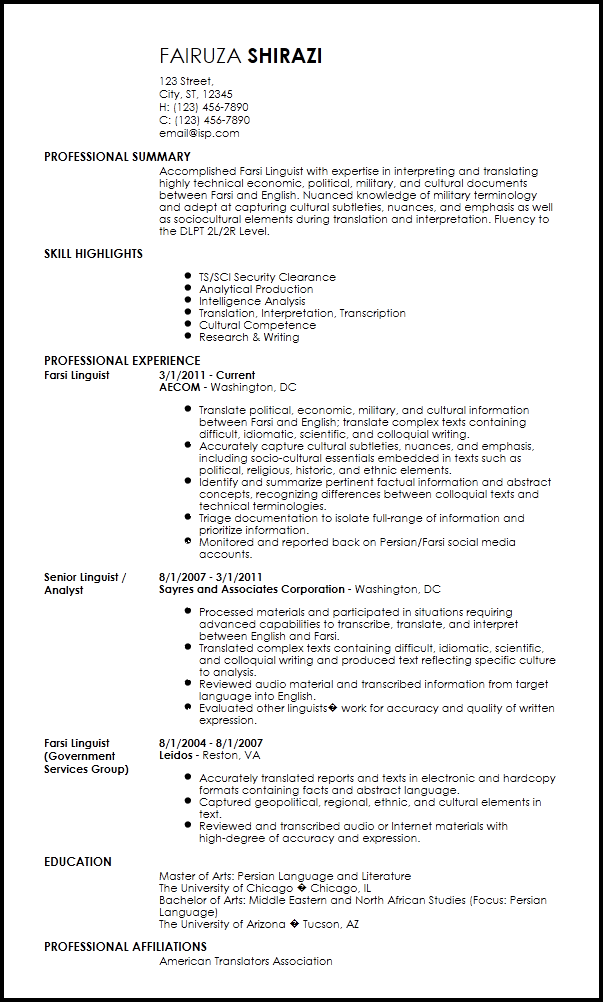 professional translator resume example