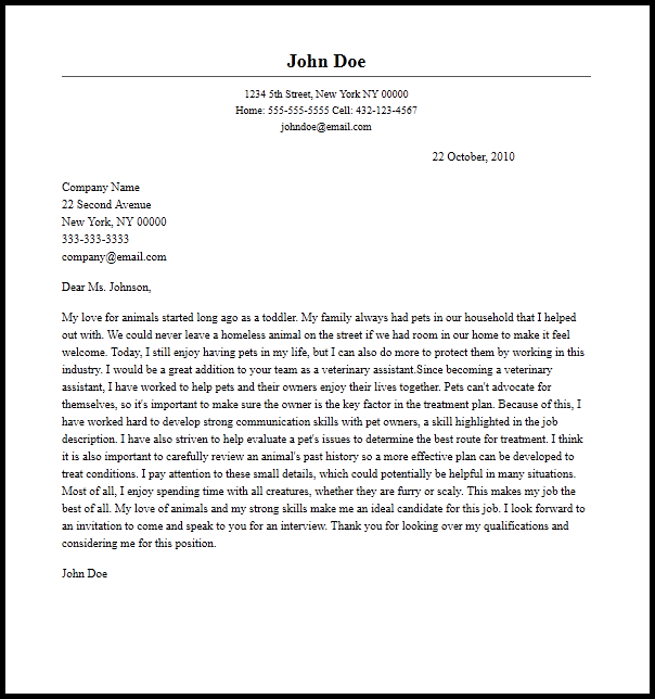 cover letter for vet assistant