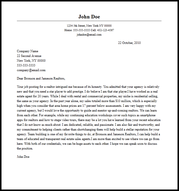 Professional Realtor Cover Letter Sample Writing Guide Resume Now