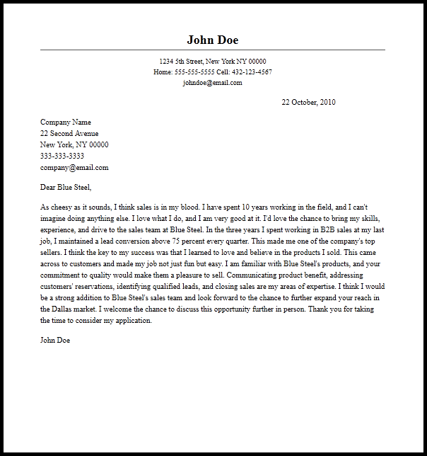 Professional Sales Representative Cover Letter Sample