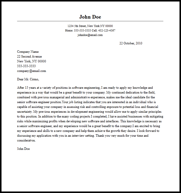 cover letter for senior software engineer