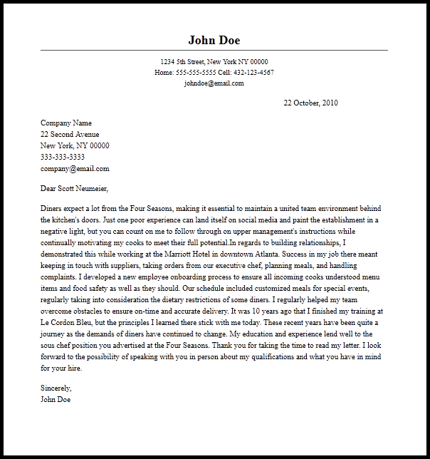 cover letter for sous chef job