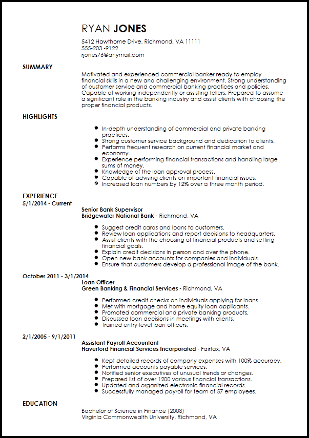 resume format for experienced banking professional