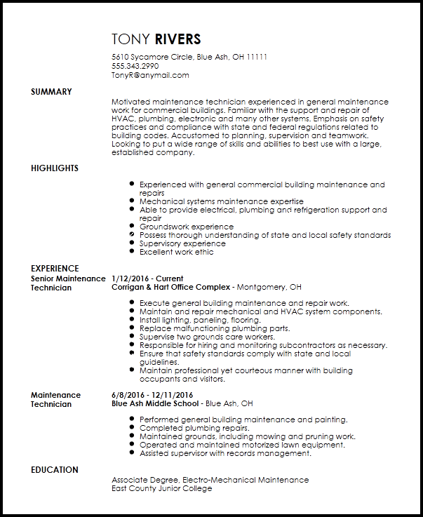 example resume for maintenance technician