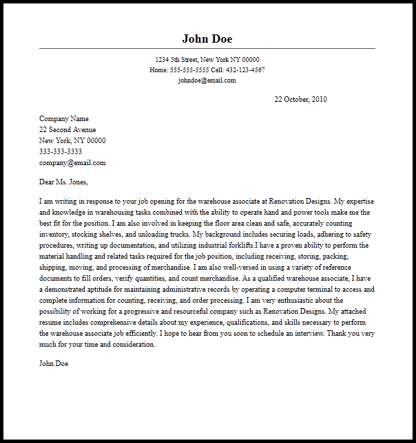 application letter for a warehouse job