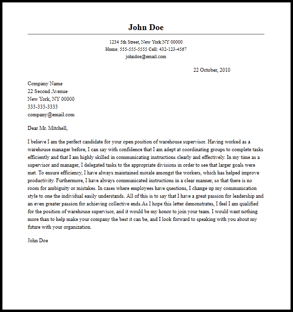 example of a cover letter for warehouse position